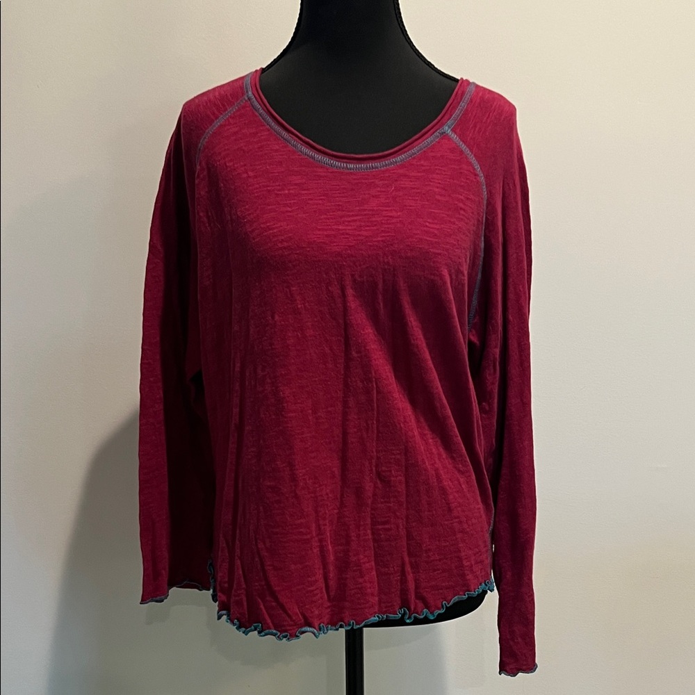 NATURAL LIFE Raspberry Long Sleeve tee with teal stitching and lettuce edges